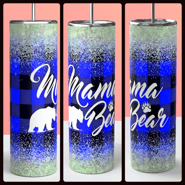 Blue glitter mama bear tumbler