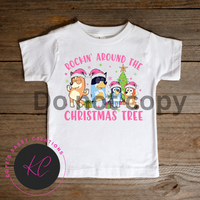 Bluey rockin around the Christmas tree kids shirt