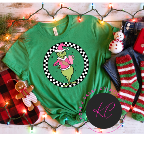 Checkered Pink Grinch Outfit TRANSFER