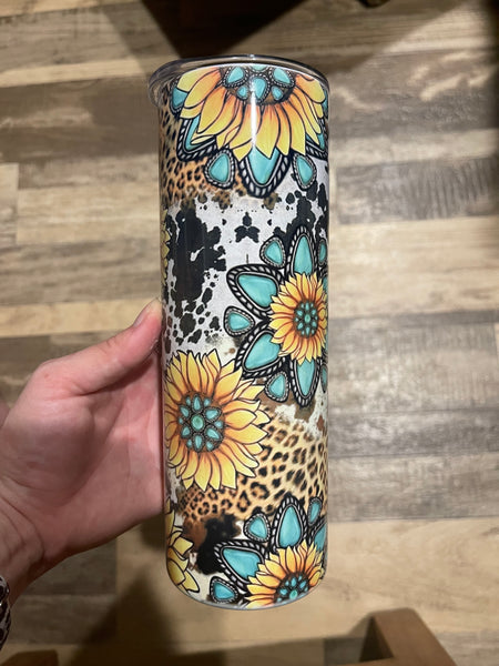 Western sun flower cowhide tumbler