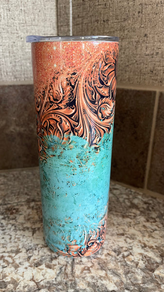 Tooled glitter turquoise 20 oz tumbler